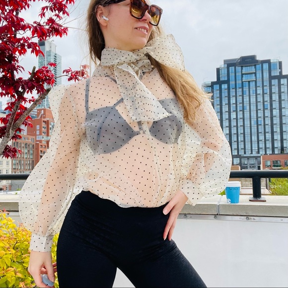 COPY - Transparent Polka Dot Puff Sleeve Shirt Bishop Statement Sleeves Neck Bow - Picture 4 of 16